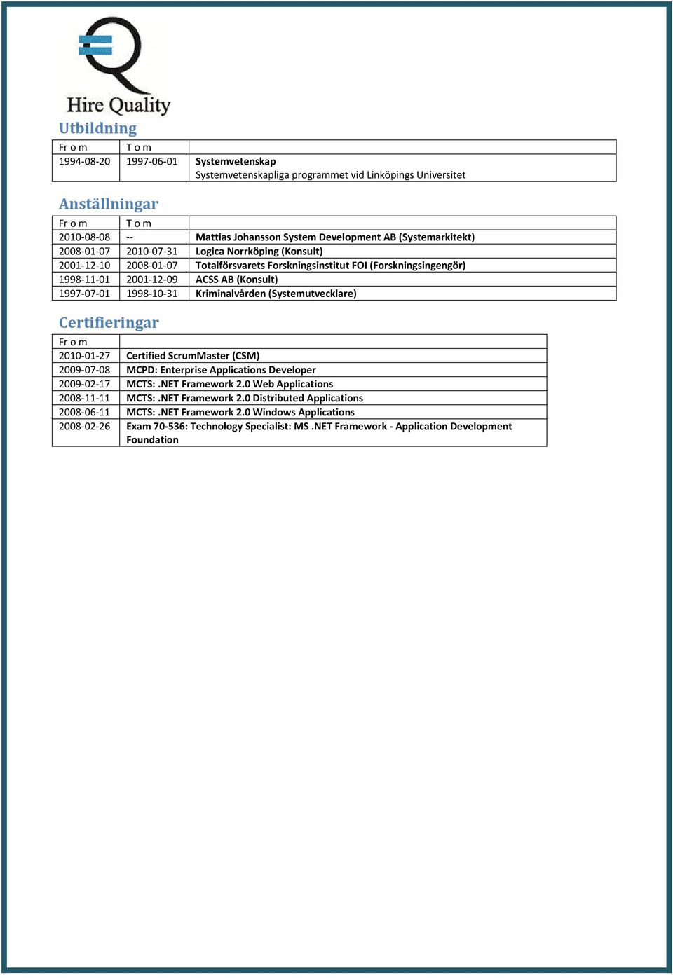 Kriminalvården (Systemutvecklare) Certifieringar Fr o m 2010-01-27 Certified ScrumMaster (CSM) 2009-07-08 MCPD: Enterprise Applications Developer 2009-02-17 MCTS:.NET Framework 2.