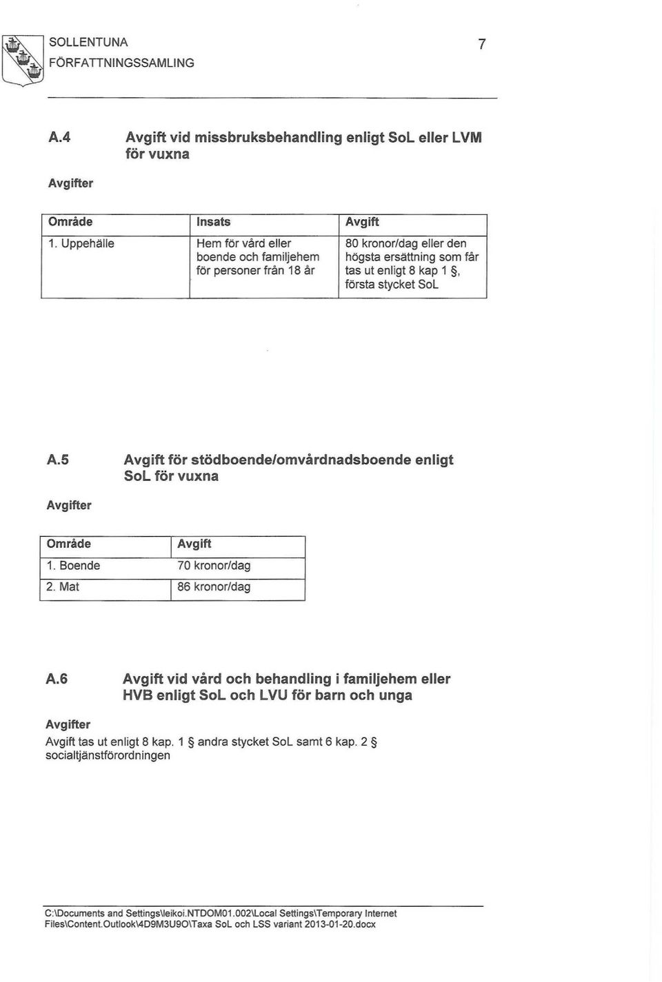 5 Avgift för stödboende/omvårdnadsboende enligt SoL för vuxna Avgifter Område Avgift 1. Boende 70 kronor/dag 2. Mat 86 kronor/dag A.