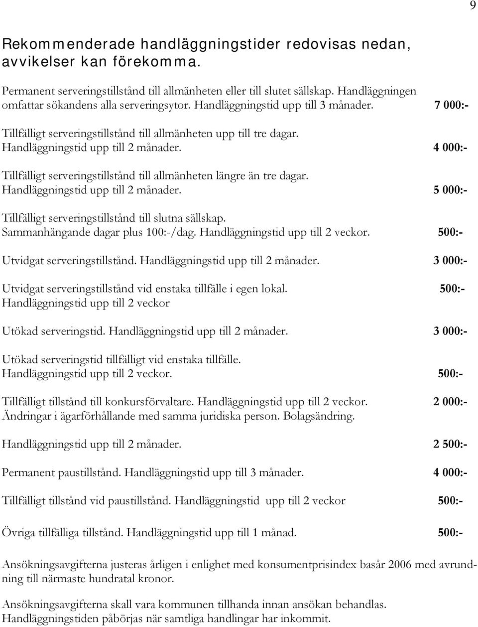 Handläggningstid upp till 2 månader. 4 000:- Tillfälligt serveringstillstånd till allmänheten längre än tre dagar. Handläggningstid upp till 2 månader.