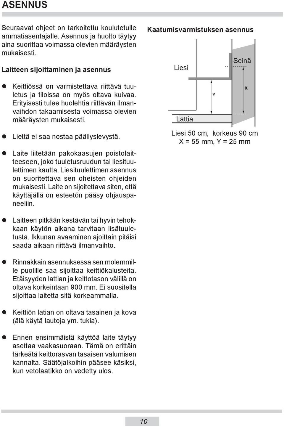 Eri tyi ses ti tulee huolehtia riittävän ilmanvaihdon ta kaa mi ses ta voimassa olevien määräysten mu kai ses ti. Liettä ei saa nostaa päällyslevystä.