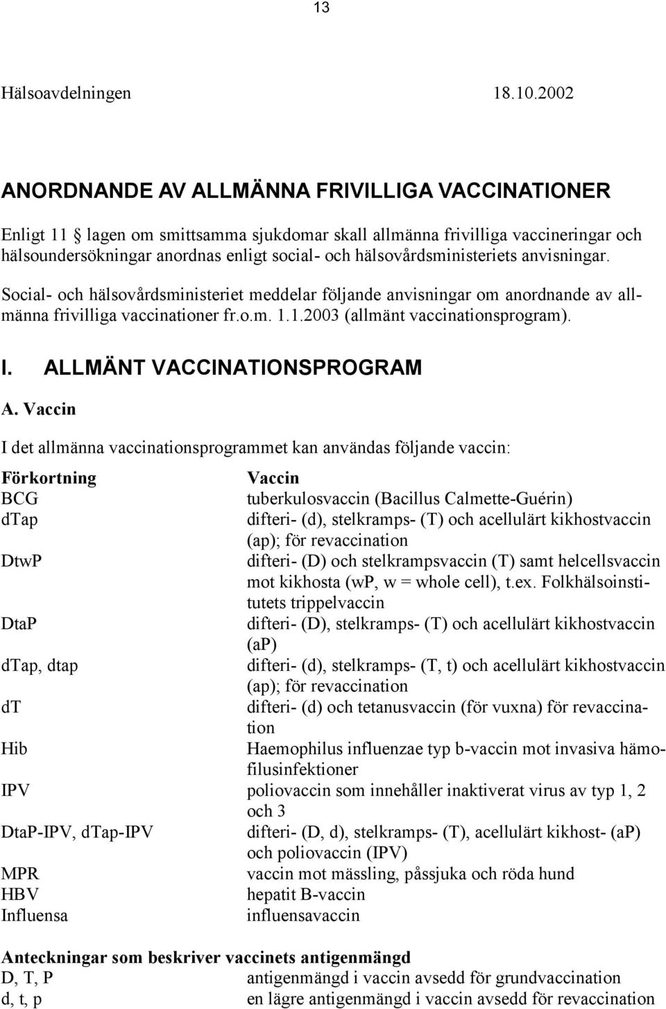 hälsovårdsministeriets anvisningar. Social- och hälsovårdsministeriet meddelar följande anvisningar om anordnande av allmänna frivilliga vaccinationer fr.o.m. 1.1.2003 (allmänt vaccinationsprogram).