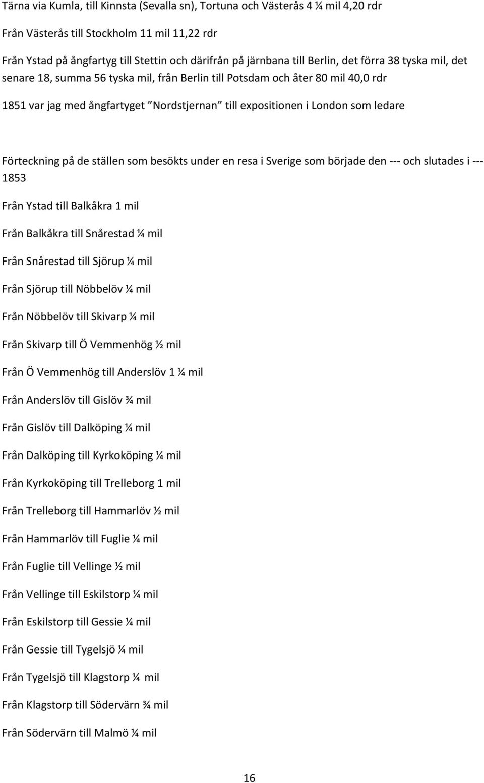 Förteckning på de ställen som besökts under en resa i Sverige som började den --- och slutades i --- 1853 Från Ystad till Balkåkra 1 mil Från Balkåkra till Snårestad ¼ mil Från Snårestad till Sjörup