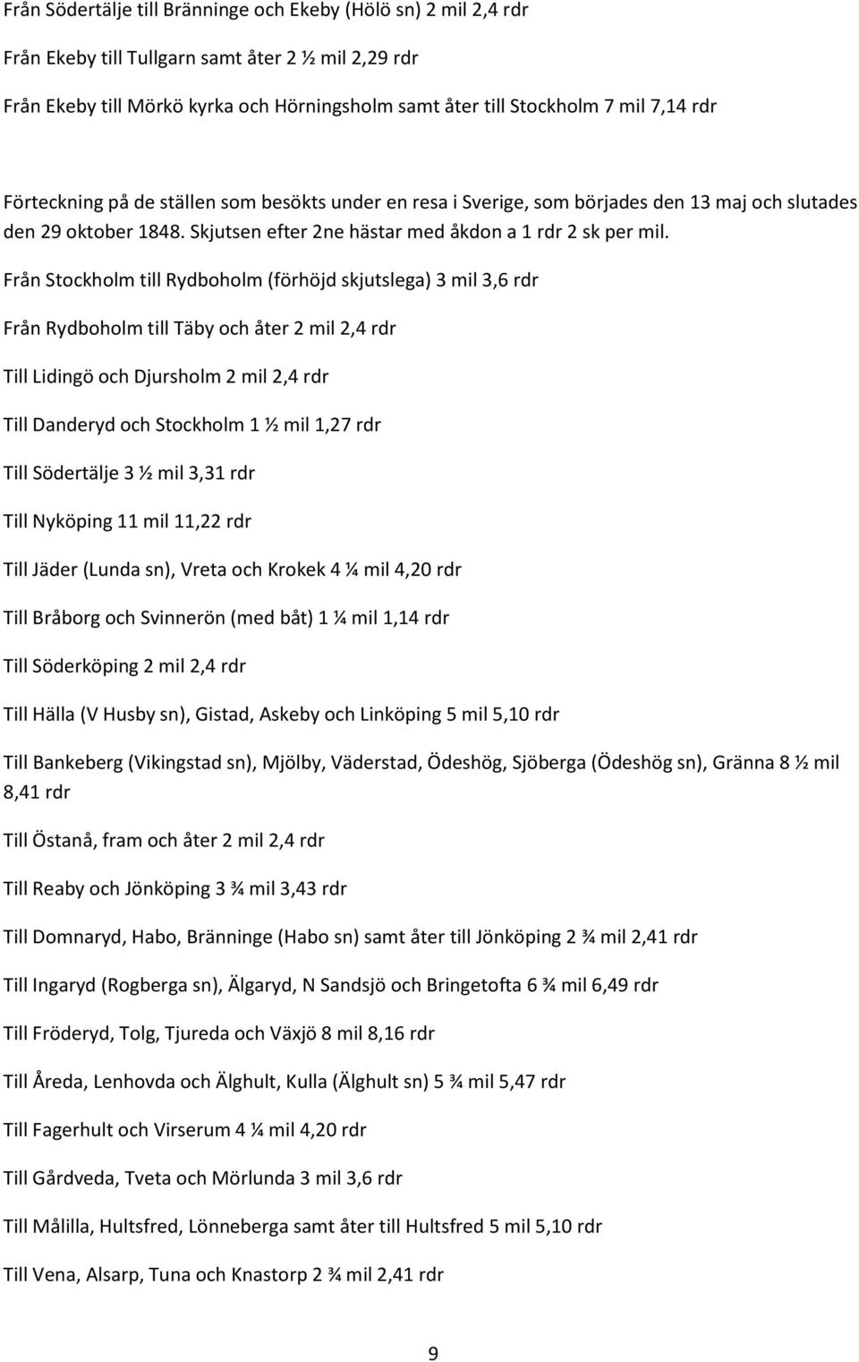 Från Stockholm till Rydboholm (förhöjd skjutslega) 3 mil 3,6 rdr Från Rydboholm till Täby och åter 2 mil 2,4 rdr Till Lidingö och Djursholm 2 mil 2,4 rdr Till Danderyd och Stockholm 1 ½ mil 1,27 rdr