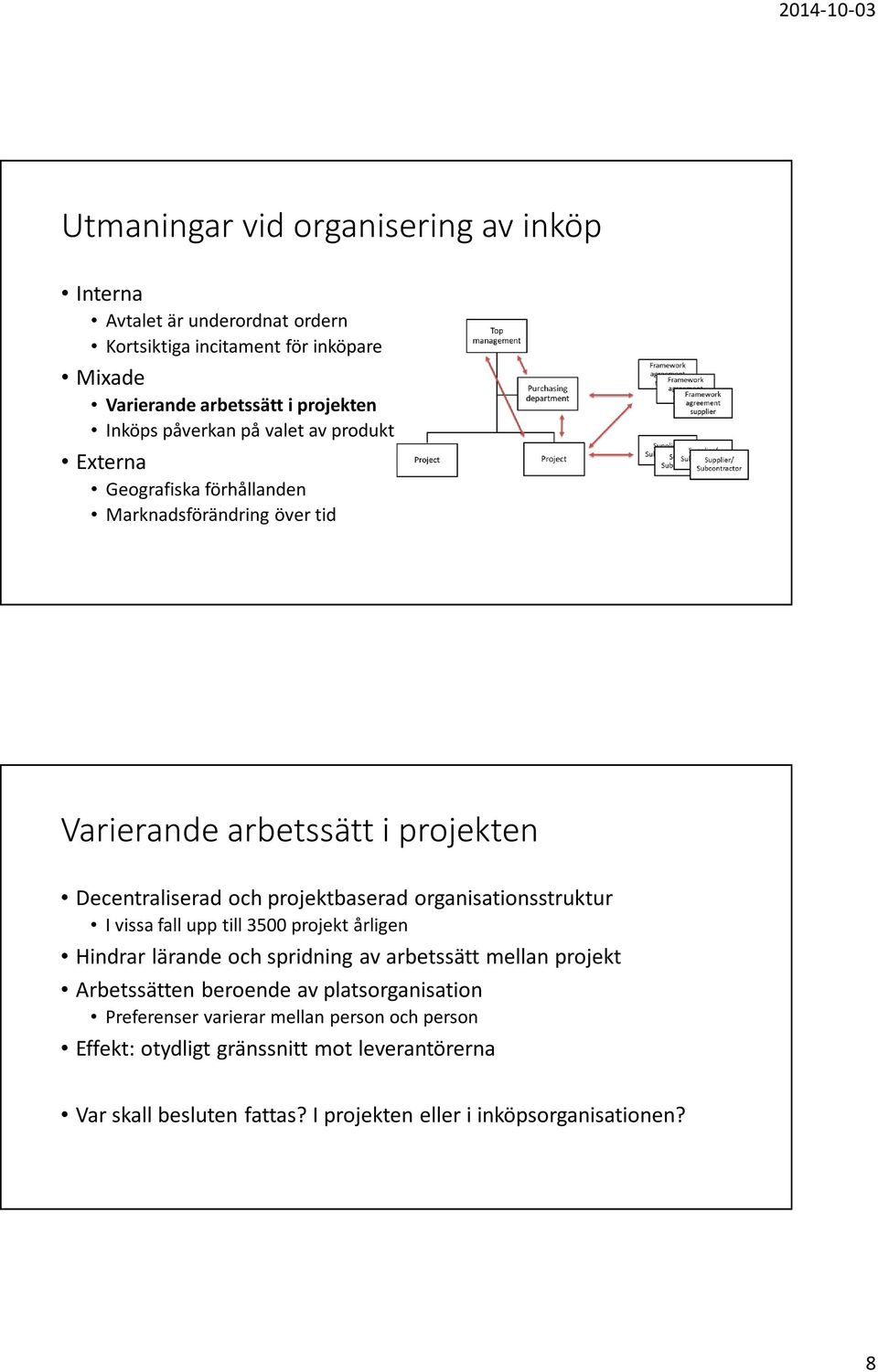 organisationsstruktur I vissa fall upp till 3500 projekt årligen Hindrar lärande och spridning av arbetssätt mellan projekt Arbetssätten beroende av