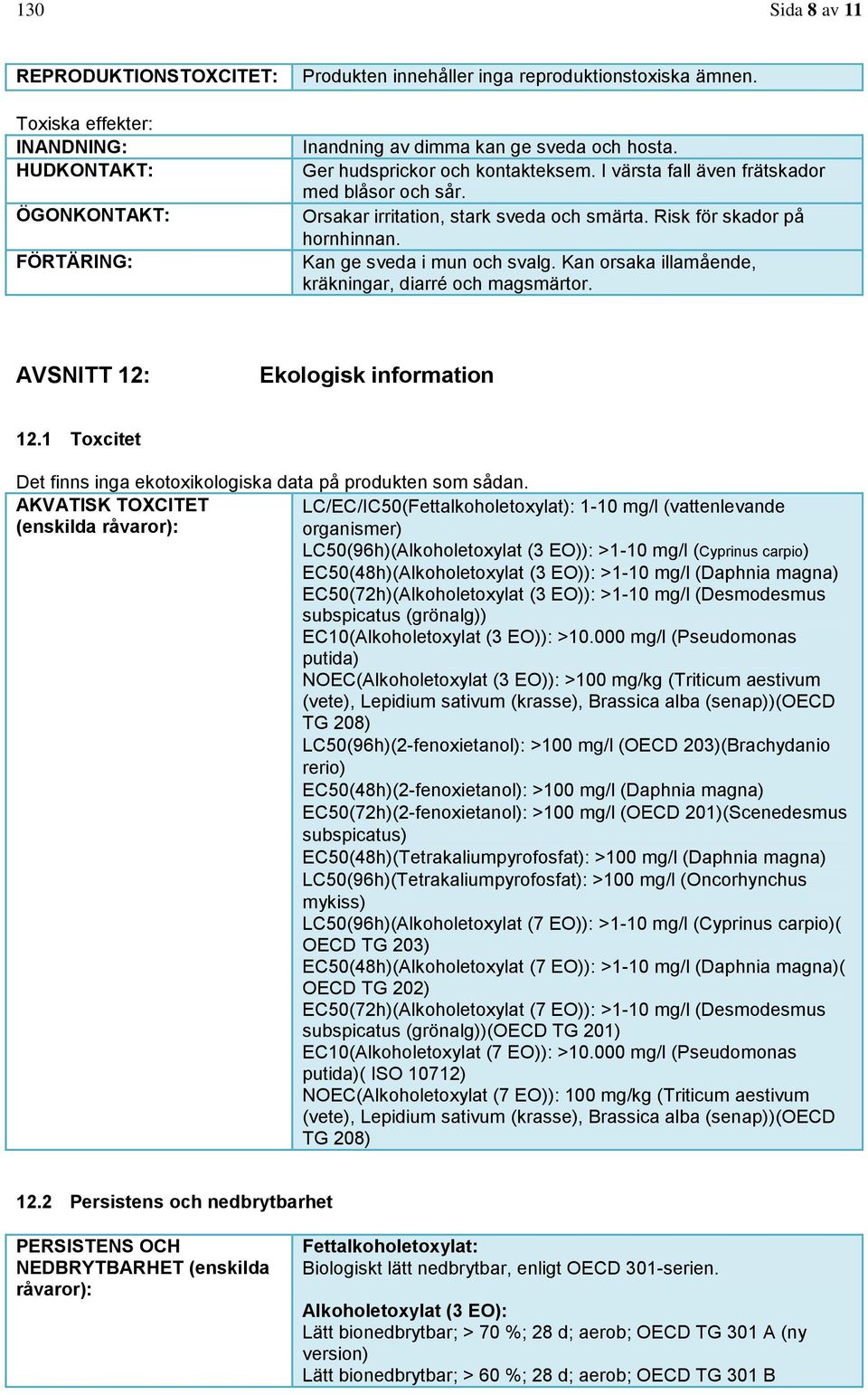 Risk för skador på hornhinnan. Kan ge sveda i mun och svalg. Kan orsaka illamående, kräkningar, diarré och magsmärtor. AVSNITT 12: Ekologisk information 12.