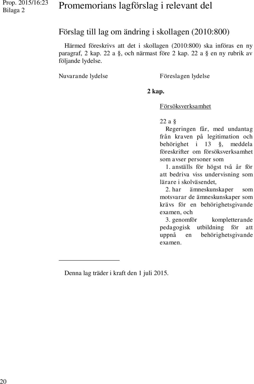 Försöksverksamhet 22 a Regeringen får, med undantag från kraven på legitimation och behörighet i 13, meddela föreskrifter om försöksverksamhet som avser personer som 1.