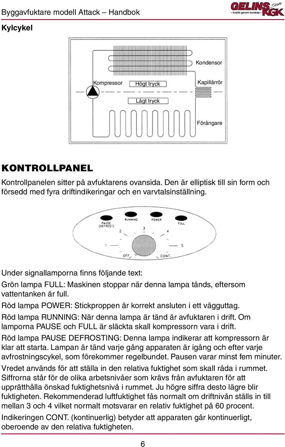 Under signallamporna finns följande text: Grön lampa FULL: Maskinen stoppar när denna lampa tänds, eftersom vattentanken är full. Röd lampa POWER: Stickproppen är korrekt ansluten i ett vägguttag.