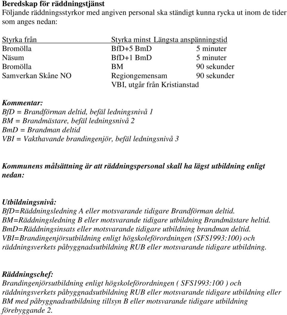 = Brandmästare, befäl ledningsnivå 2 BmD = Brandman deltid VBI = Vakthavande brandingenjör, befäl ledningsnivå 3 Kommunens målsättning är att räddningspersonal skall ha lägst utbildning enligt nedan: