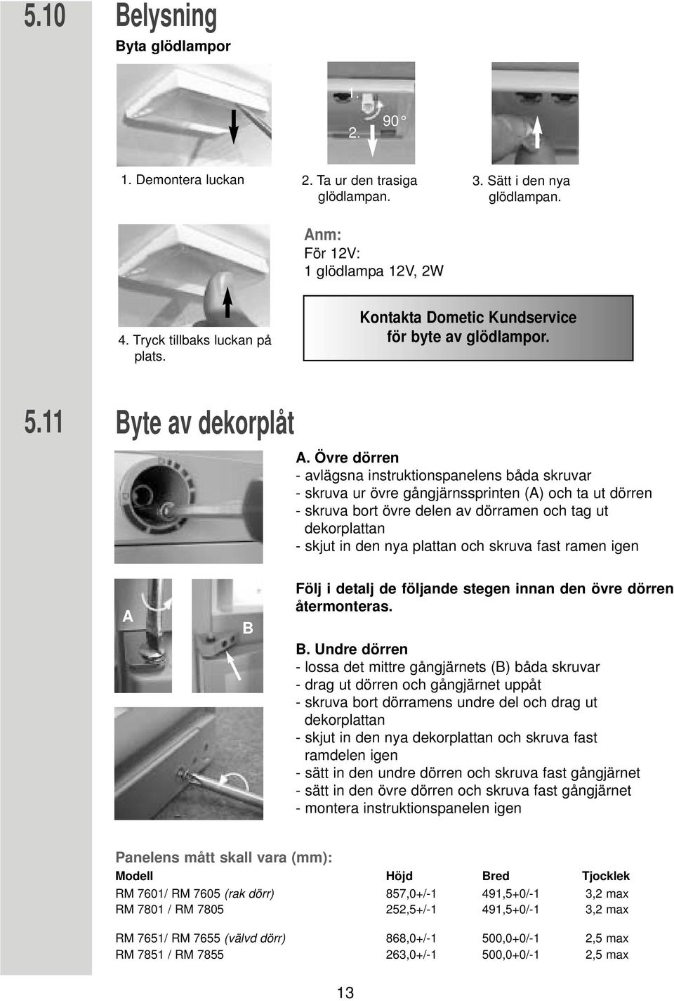 Övre dörren - avlägsna instruktionspanelens båda skruvar - skruva ur övre gångjärnssprinten () och ta ut dörren - skruva bort övre delen av dörramen och tag ut dekorplattan - skjut in den nya plattan