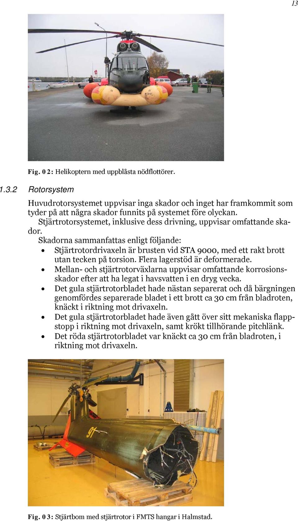 Skadorna sammanfattas enligt följande: Stjärtrotordrivaxeln är brusten vid STA 9000, med ett rakt brott utan tecken på torsion. Flera lagerstöd är deformerade.