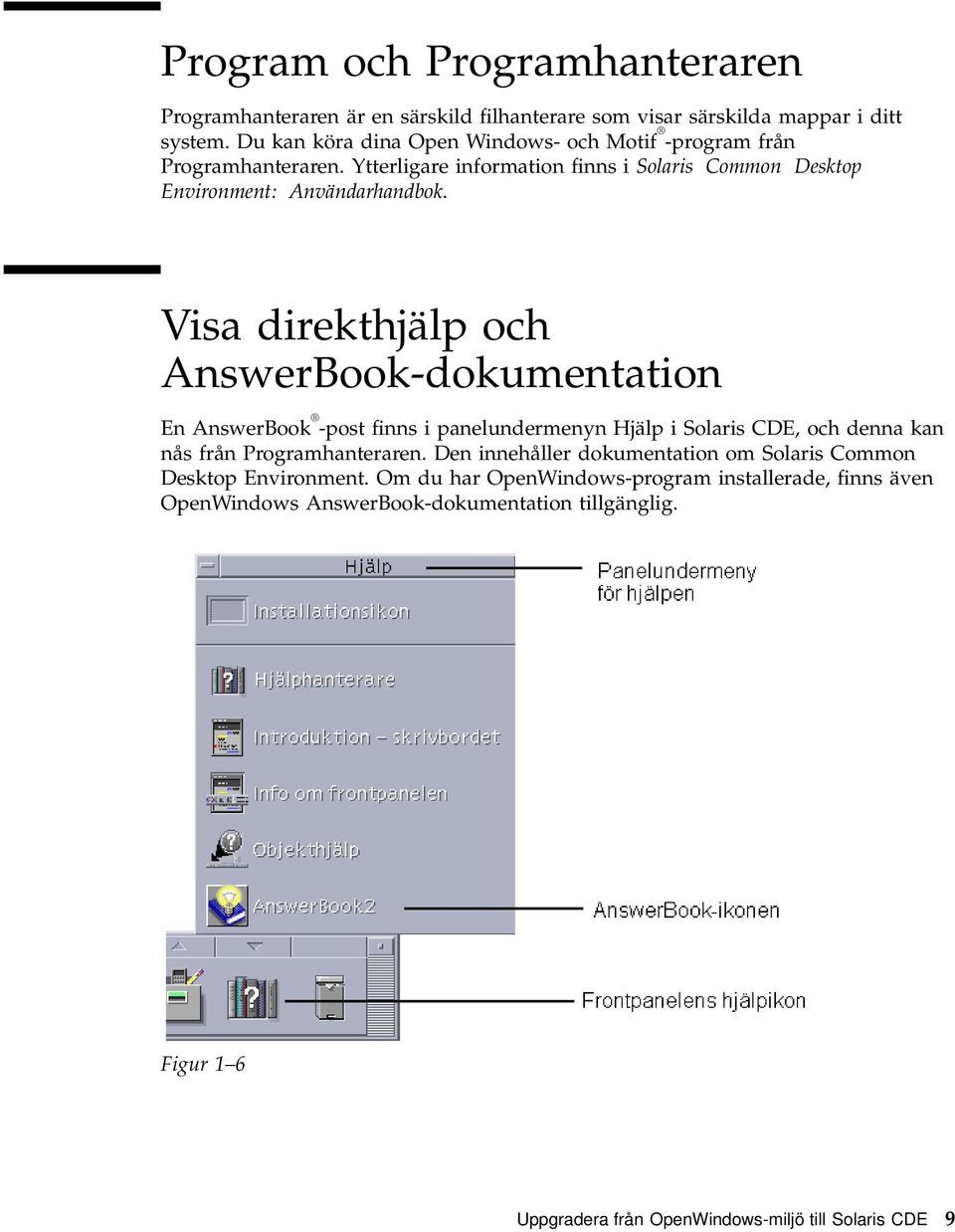 Visa direkthjälp och AnswerBook-dokumentation En AnswerBook -post finns i panelundermenyn Hjälp i Solaris CDE, och denna kan nås från Programhanteraren.