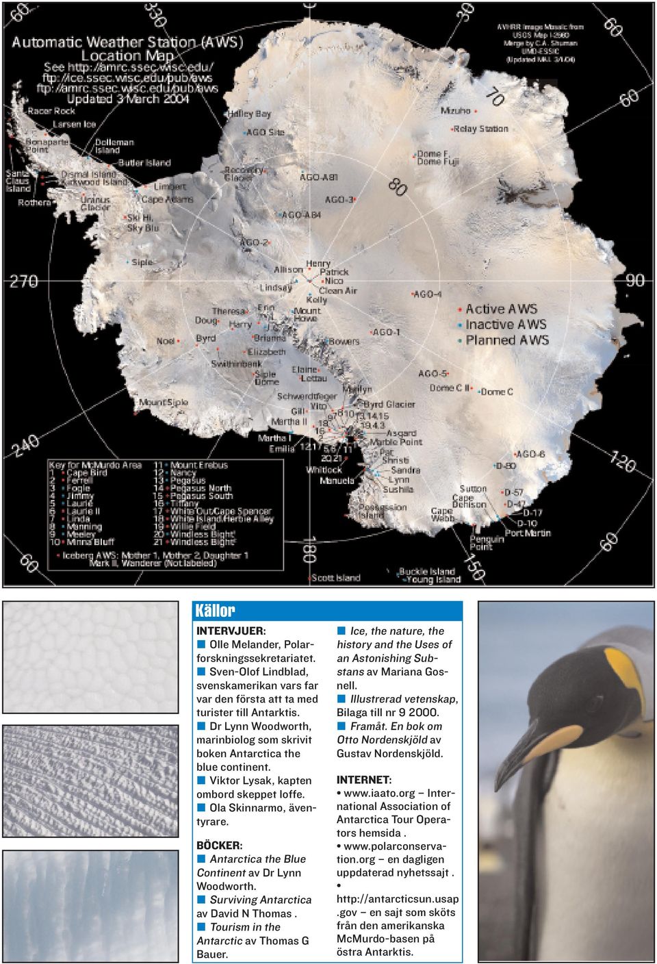 BÖCKER: m Antarctica the Blue Continent av Dr Lynn Woodworth. m Surviving Antarctica av David N Thomas. m Tourism in the Antarctic av Thomas G Bauer.