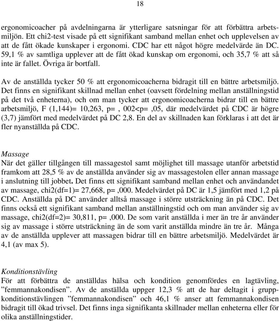 59,1 % av samtliga upplever att de fått ökad kunskap om ergonomi, och 35,7 % att så inte är fallet. Övriga är bortfall.