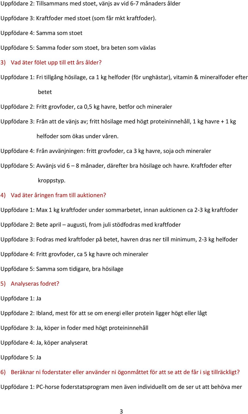 Uppfödare 1: Fri tillgång hösilage, ca 1 kg helfoder (för unghästar), vitamin & mineralfoder efter betet Uppfödare 2: Fritt grovfoder, ca 0,5 kg havre, betfor och mineraler Uppfödare 3: Från att de