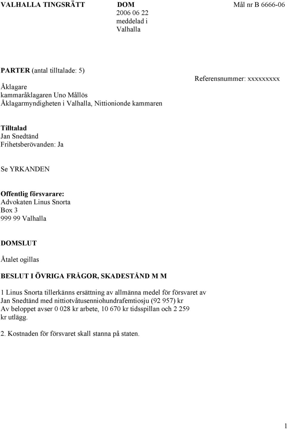 SLUT Åtalet ogillas BESLUT I ÖVRIGA FRÅGOR, SKADESTÅND M M 1 Linus Snorta tillerkänns ersättning av allmänna medel för försvaret av Jan Snedtänd med