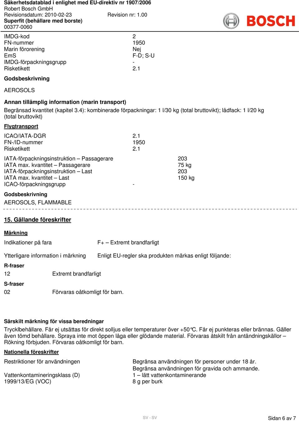 4): kombinerade förpackningar: 1 l/30 kg (total bruttovikt); lådfack: 1 l/20 kg (total bruttovikt) Flygtransport ICAO/IATA-DGR 2.1 FN-/ID-nummer 1950 Risketikett 2.