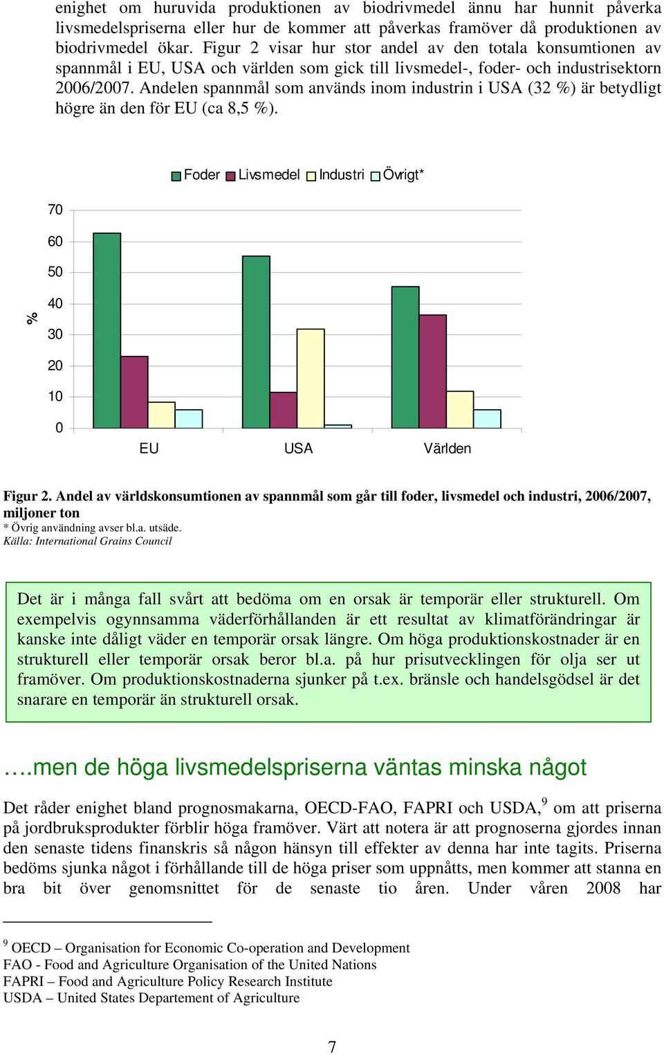 Andelen spannmål som används inom industrin i USA (32 %) är betydligt högre än den för EU (ca 8,5 %). % Foder Livsmedel Industri Övrigt* 70 60 50 40 30 20 10 0 EU USA Världen Figur 2.