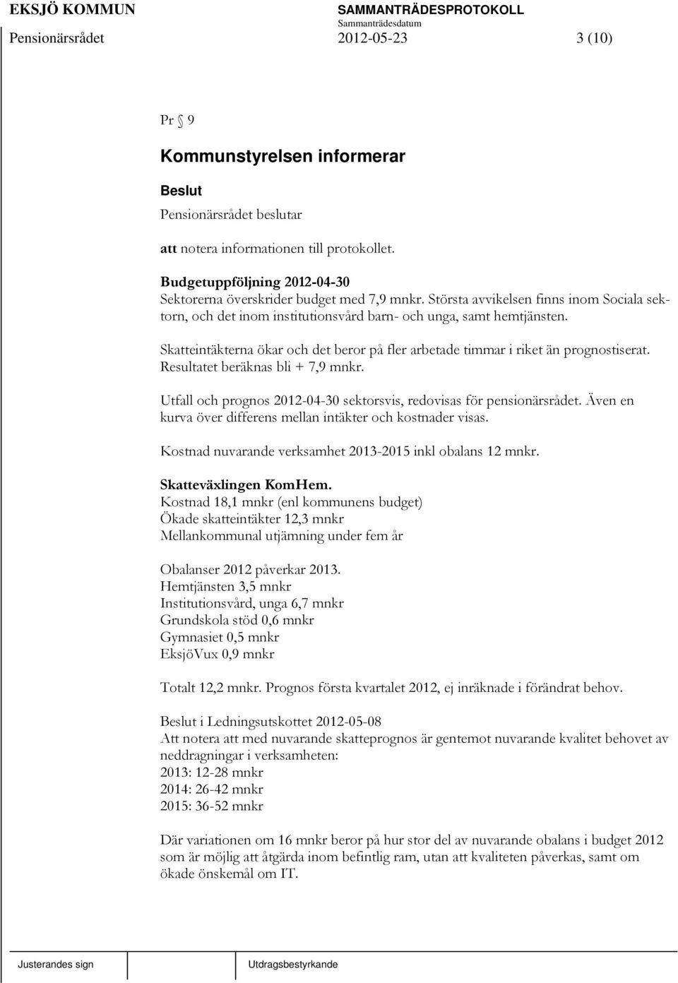 Resultatet beräknas bli + 7,9 mnkr. Utfall och prognos 2012-04-30 sektorsvis, redovisas för pensionärsrådet. Även en kurva över differens mellan intäkter och kostnader visas.