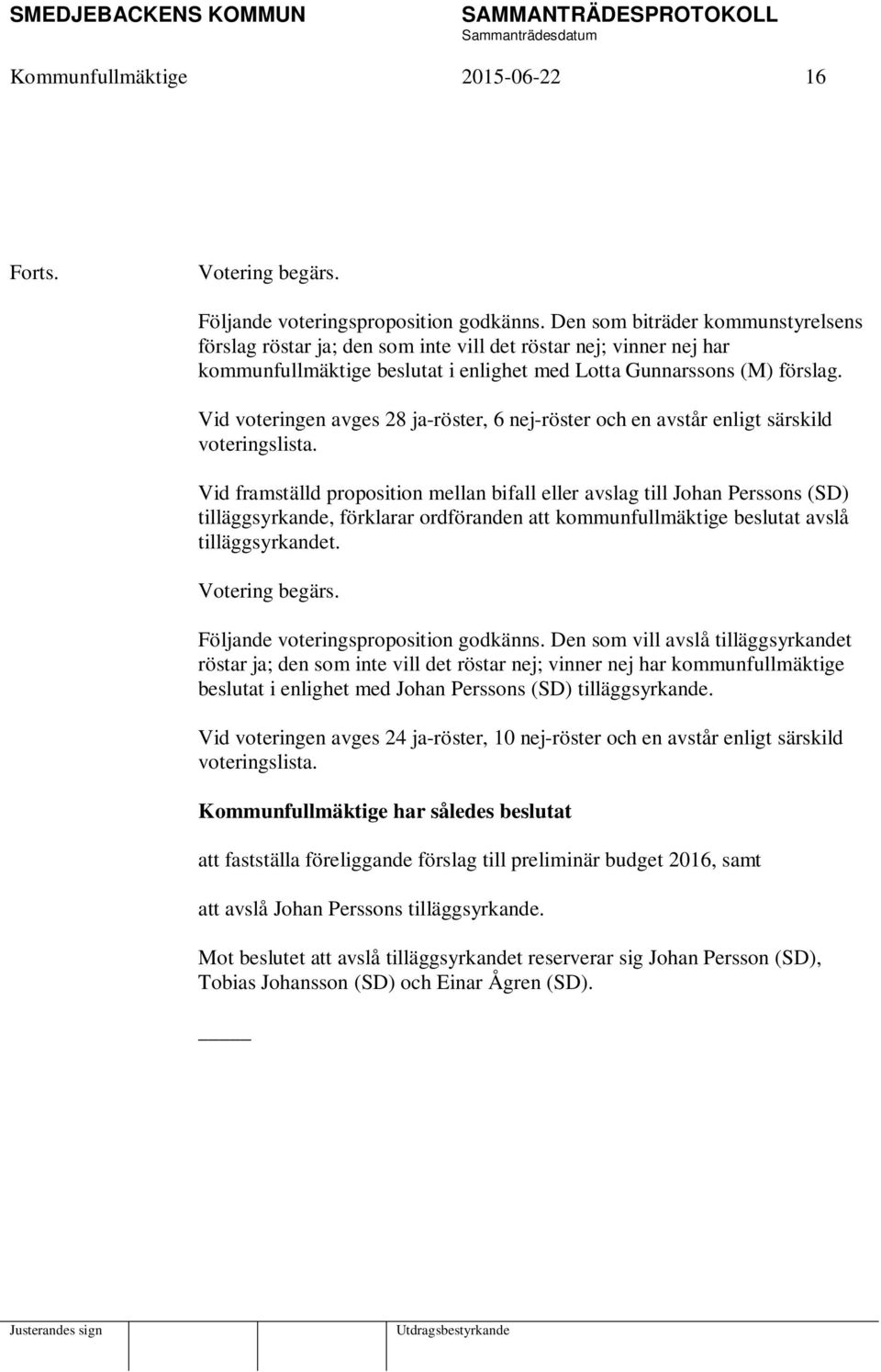 Vid voteringen avges 28 ja-röster, 6 nej-röster och en avstår enligt särskild voteringslista.