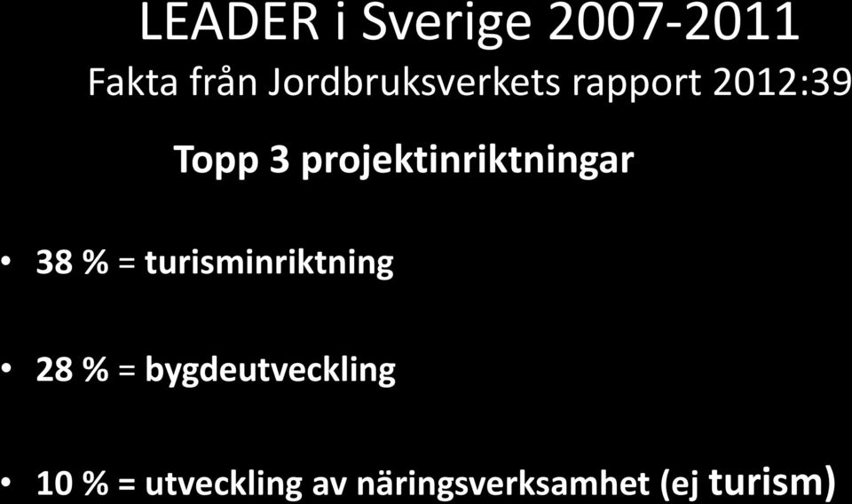 projektinriktningar 38 % = turisminriktning 28 %