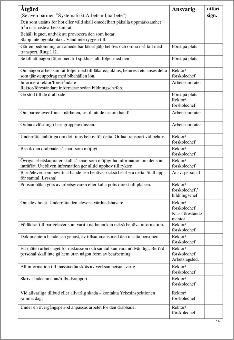 Se till att någon följer med till sjukhus, alt. följer med hem. Om någon arbetskamrat följer med till läkare/sjukhus, hemresa etc anses detta som tjänsteuppdrag med bibehållen lön.