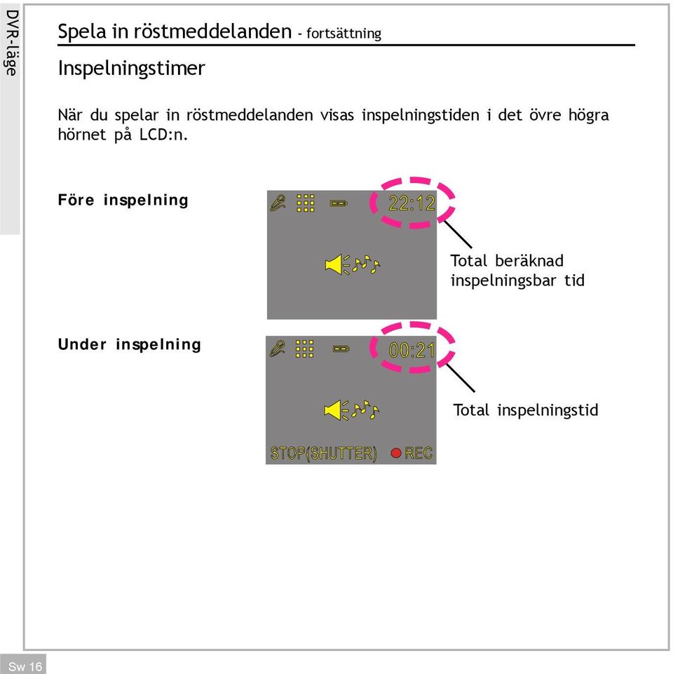 inspelningstiden i det övre högra hörnet på LCD:n.