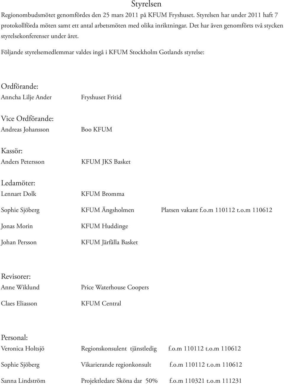Följande styrelsemedlemmar valdes ingå i KFUM Stockholm Gotlands styrelse: Ordförande: Anncha Lilje Ander Fryshuset Fritid Vice Ordförande: Andreas Johansson Boo KFUM Kassör: Anders Petersson KFUM