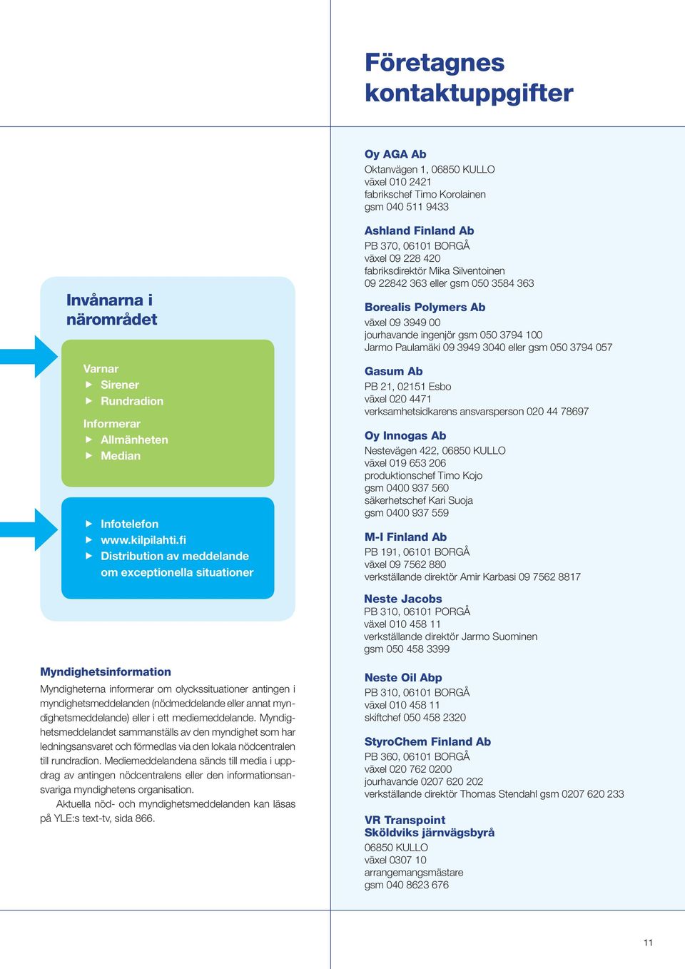 fi f Distribution av meddelande om exceptionella situationer Ashland Finland Ab PB 370, 06101 BORGÅ växel 09 228 420 fabriksdirektör Mika Silventoinen 09 22842 363 eller gsm 050 3584 363 Borealis