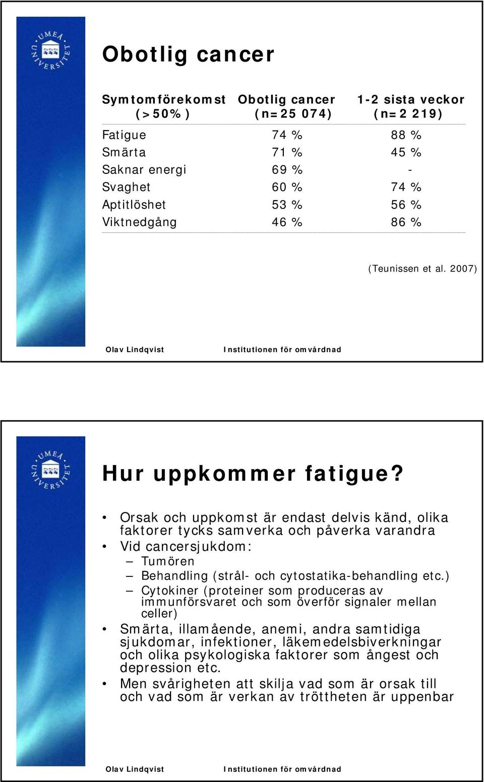 Orsak och uppkomst är endast delvis känd, olika faktorer tycks samverka och påverka varandra Vid cancersjukdom: Tumören Behandling (strål- och cytostatika-behandling etc.