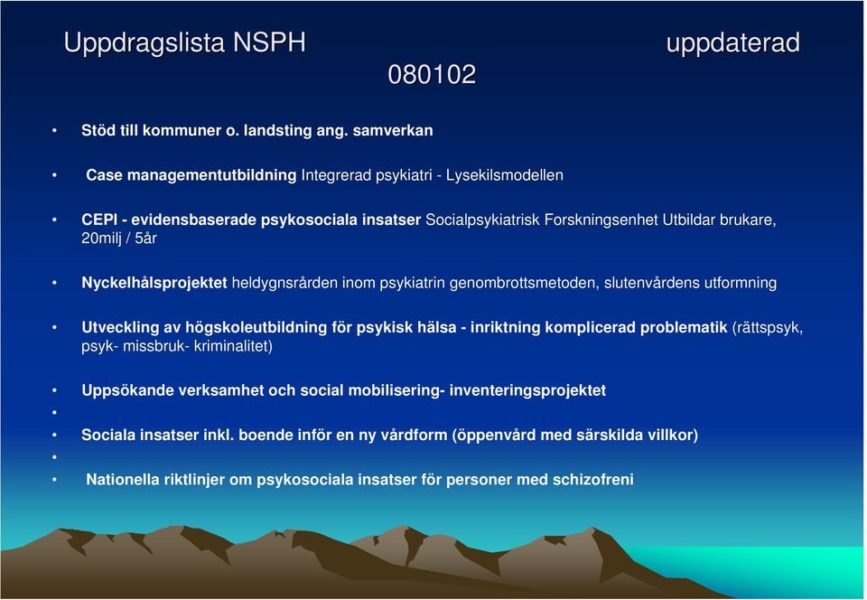 20milj / 5år Nyckelhålsprojektet heldygnsrården inom psykiatrin genombrottsmetoden, slutenvårdens utformning Utveckling av högskoleutbildning för psykisk hälsa - inriktning