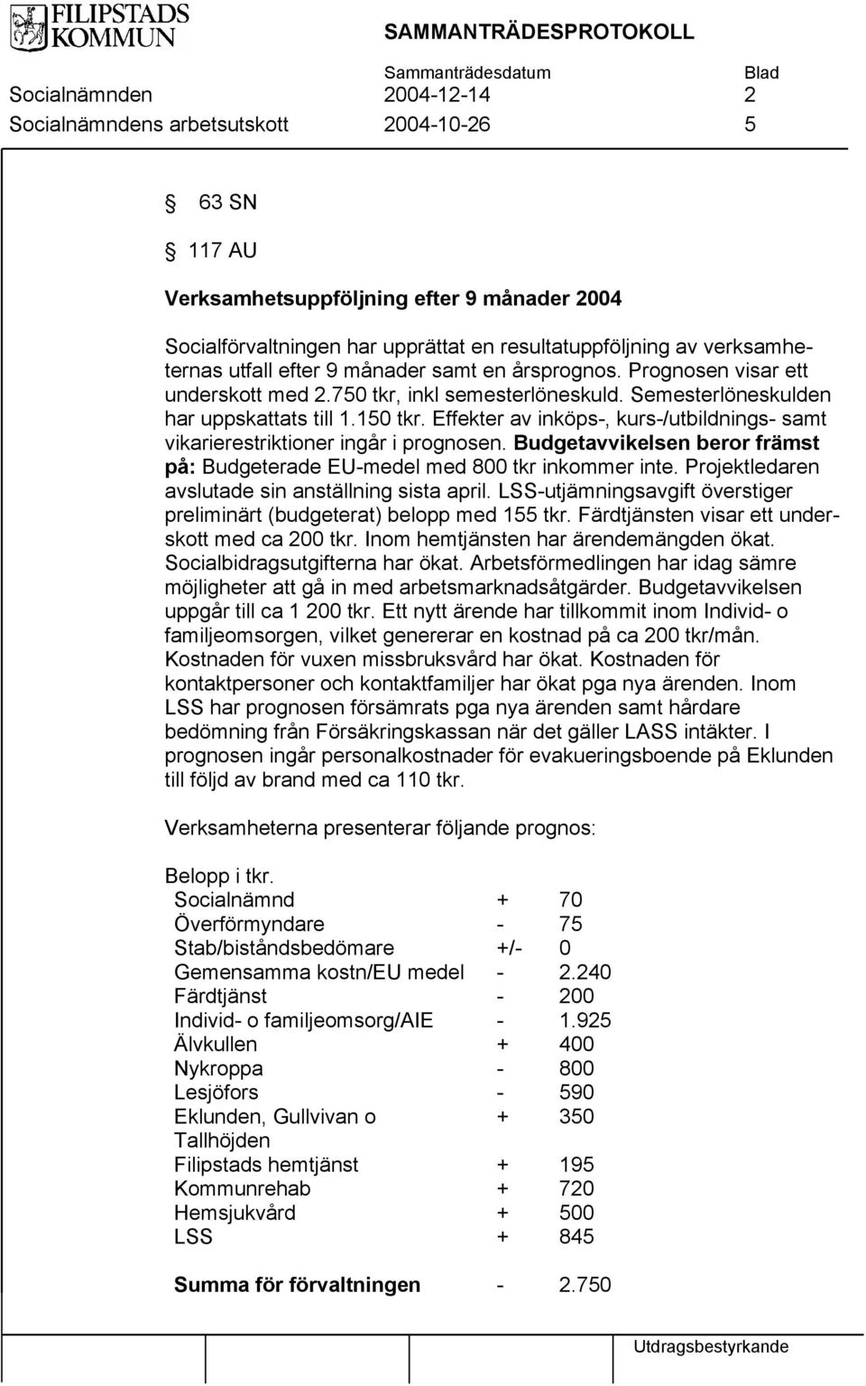 Effekter av inköps, kurs/utbildnings samt vikarierestriktioner ingår i prognosen. Budgetavvikelsen beror främst på: Budgeterade EUmedel med 800 tkr inkommer inte.