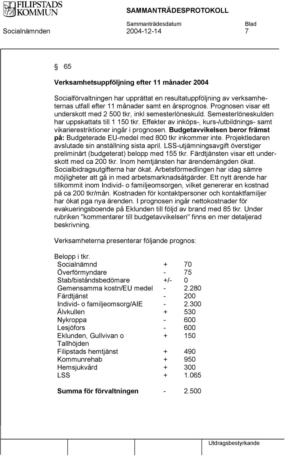 Effekter av inköps, kurs/utbildnings samt vikarierestriktioner ingår i prognosen. Budgetavvikelsen beror främst på: Budgeterade EUmedel med 800 tkr inkommer inte.