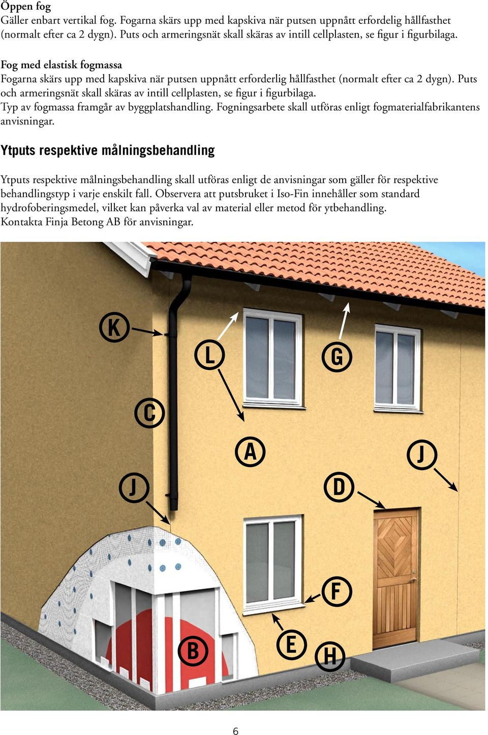 Fog med elastisk fogmassa Fogarna skärs upp med kapskiva när putsen uppnått erforderlig hållfasthet (normalt efter ca 2 dygn).  Typ av fogmassa framgår av byggplatshandling.