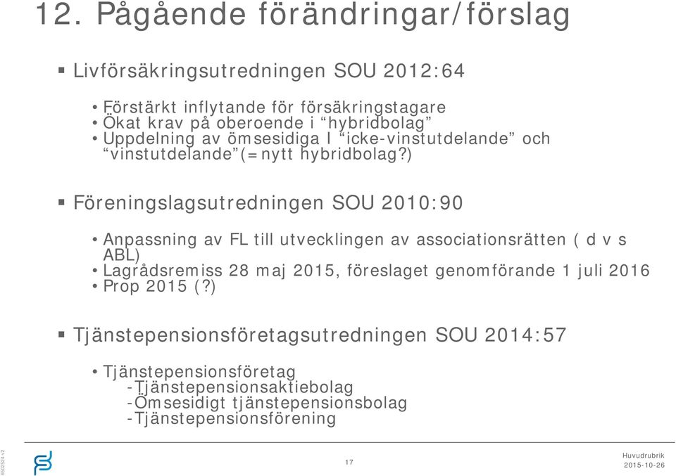 ) Föreningslagsutredningen SOU 2010:90 Anpassning av FL till utvecklingen av associationsrätten ( d v s ABL) Lagrådsremiss 28 maj 2015,