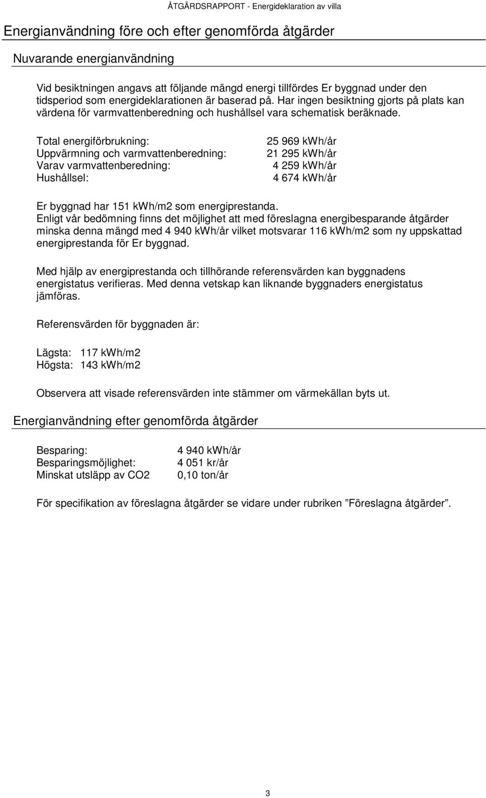 Total energiförbrukning: Uppvärmning och varmvattenberedning: Varav varmvattenberedning: Hushållsel: 25 969 kwh/år 21 295 kwh/år 4 259 kwh/år 4 674 kwh/år Er byggnad har 151 kwh/m2 som