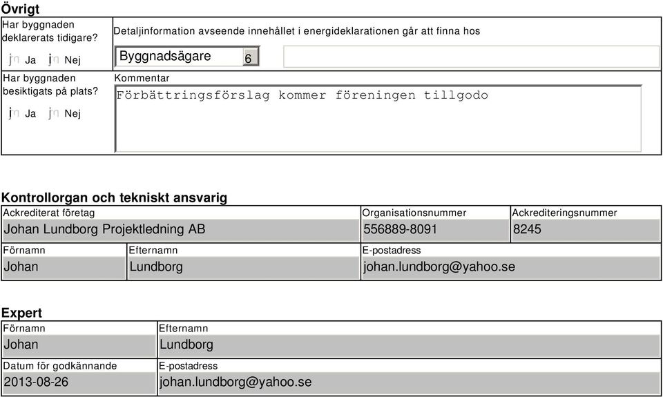 föreningen tillgodo Kontrollorgan och tekniskt ansvarig Ackrediterat företag Johan Lundborg Projektledning AB Förnamn Johan Efternamn Lundborg