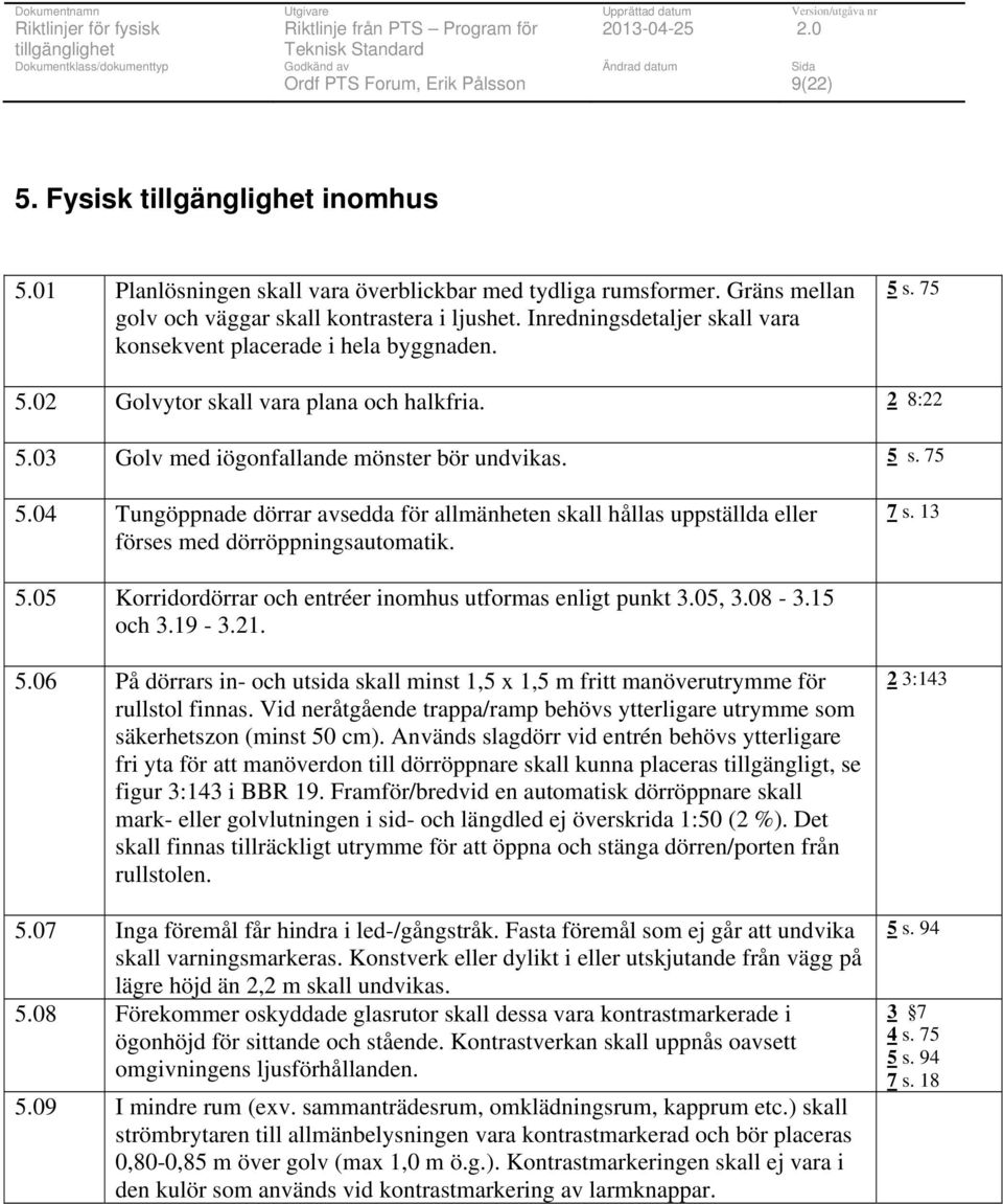 7 s. 13 5.05 Korridordörrar och entréer inomhus utformas enligt punkt 3.05, 3.08-3.15 och 3.19-3.21. 5.06 På dörrars in- och utsida skall minst 1,5 x 1,5 m fritt manöverutrymme för rullstol finnas.