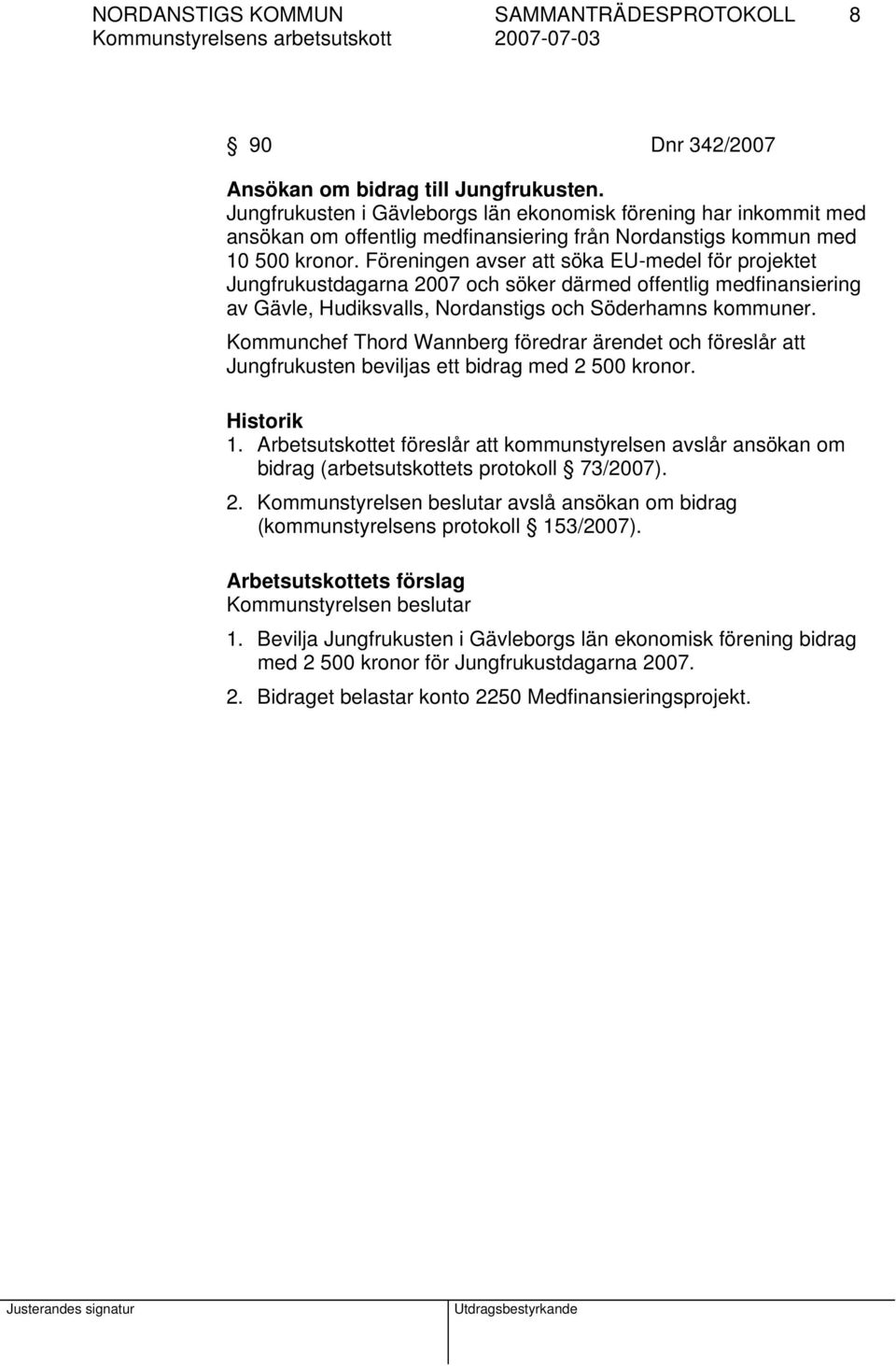 Föreningen avser att söka EU-medel för projektet Jungfrukustdagarna 2007 och söker därmed offentlig medfinansiering av Gävle, Hudiksvalls, Nordanstigs och Söderhamns kommuner.