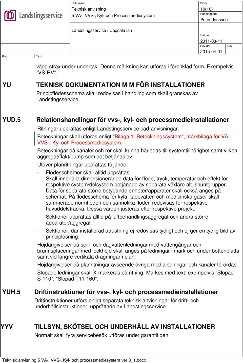 5 Relationshandlingar för vvs-, kyl- och processmedieinstallationer Ritningar upprättas enligt Landstingsservice cad-anvisningar. Beteckningar skall utföras enligt Bilaga 1.