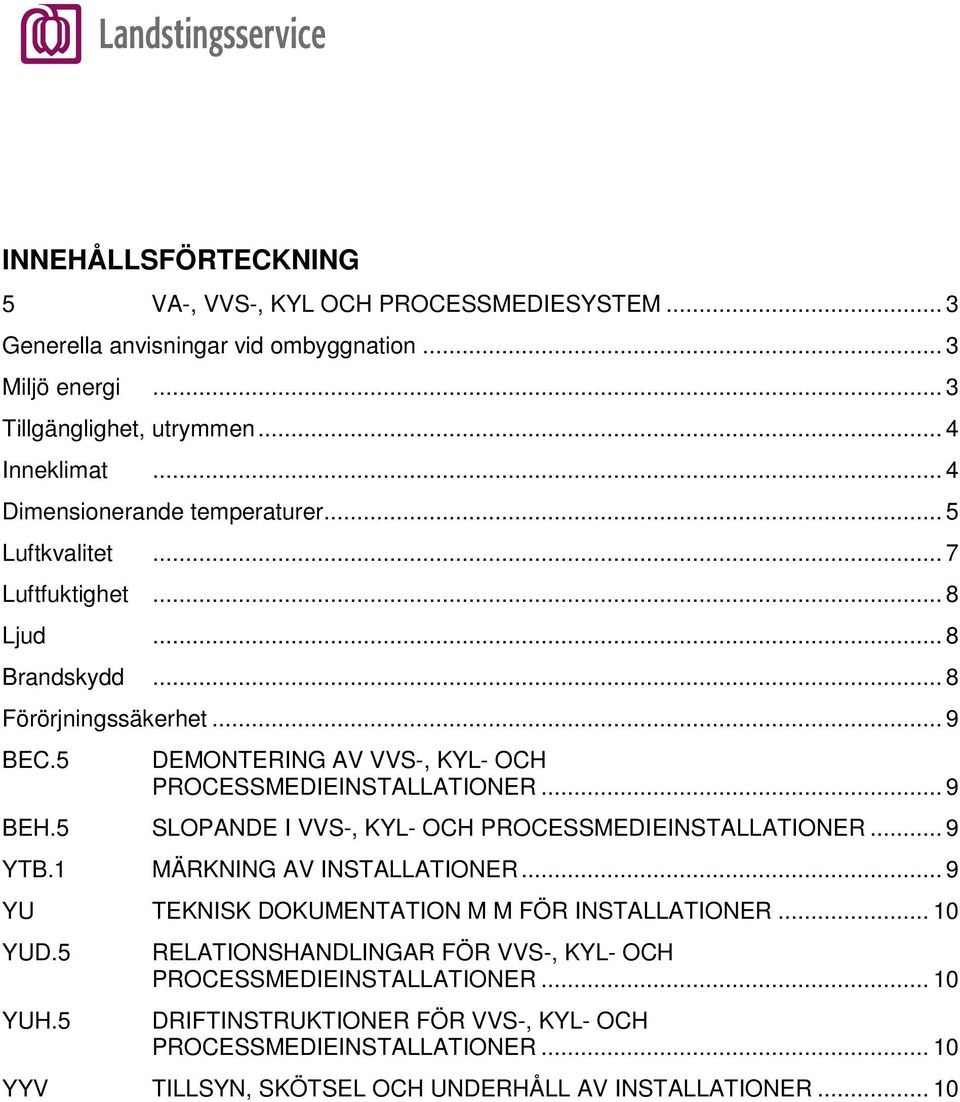 5 DEMONTERING AV VVS-, KYL- OCH PROCESSMEDIEINSTALLATIONER... 9 BEH.5 SLOPANDE I VVS-, KYL- OCH PROCESSMEDIEINSTALLATIONER... 9 YTB.1 MÄRKNING AV INSTALLATIONER.