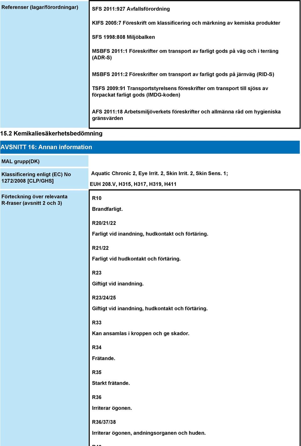 av förpackat farligt gods (IMDG-koden) AFS 2011:18 Arbetsmiljöverkets föreskrifter och allmänna råd om hygieniska gränsvärden 15.