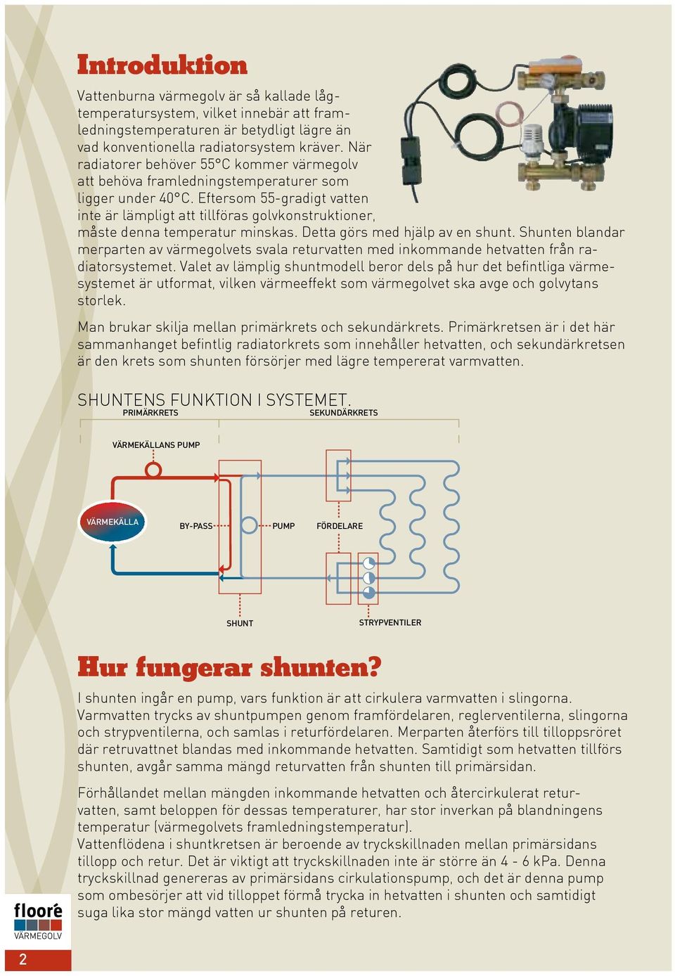 Eftersom 55-gradigt vatten inte är lämpligt att tillföras golvkonstruktioner, måste denna temperatur minskas. Detta görs med hjälp av en shunt.