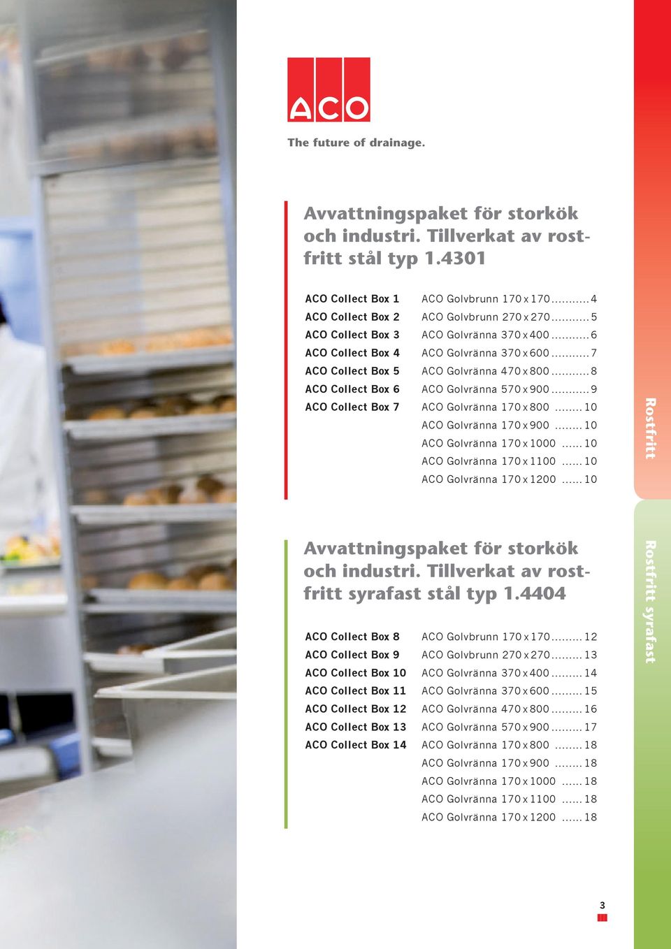 .. 10 CO Golvränna x 1200... 10 Rostfritt vvattninspaket för storkök och industri. Tillverkat av rostfritt syrafast stål typ 1.4404 8 CO Golvbrunn x... 12 9 CO Golvbrunn 270 x 270.