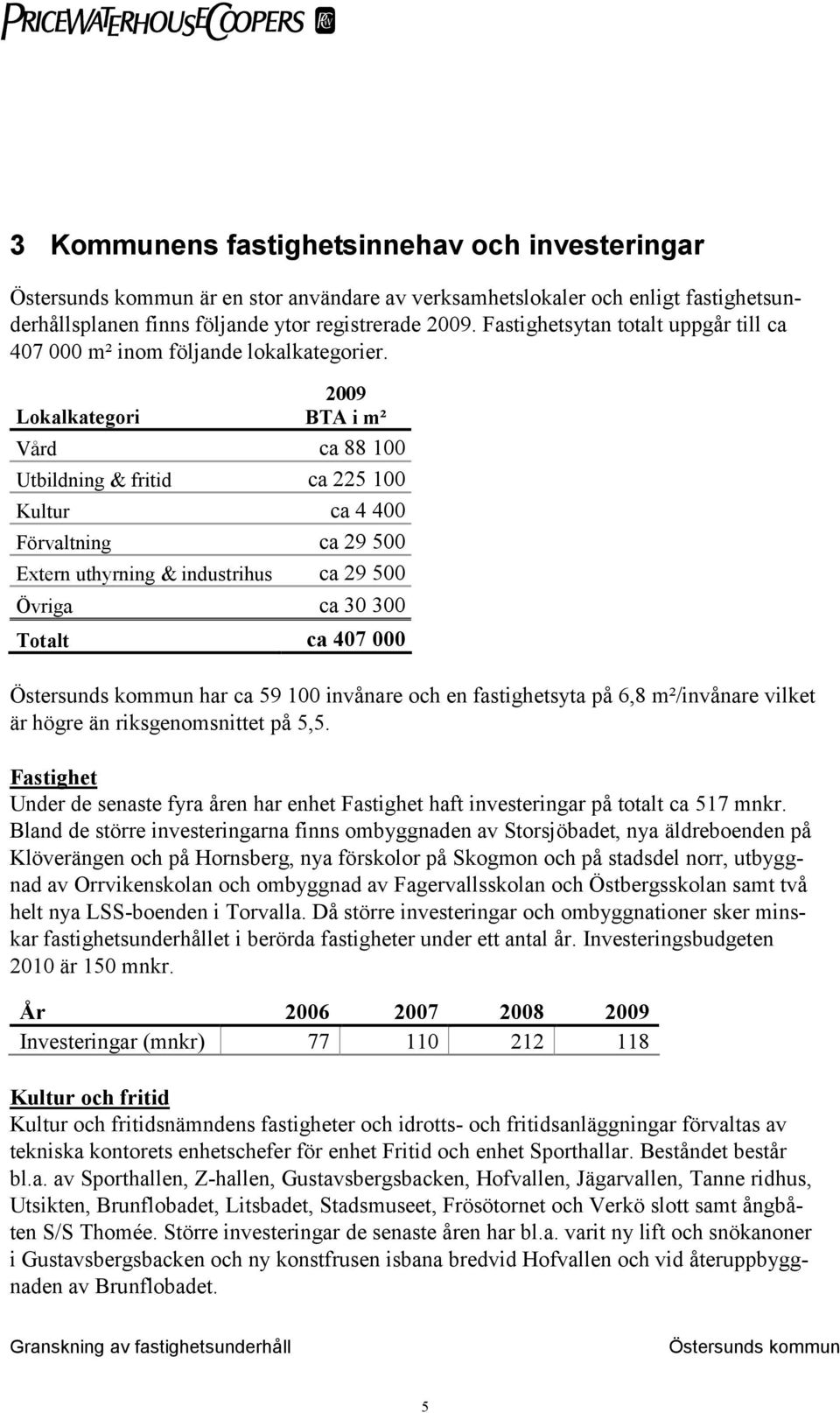 2009 Lokalkategori BTA i m² Vård ca 88 100 Utbildning & fritid ca 225 100 Kultur ca 4 400 Förvaltning ca 29 500 Extern uthyrning & industrihus ca 29 500 Övriga ca 30 300 Totalt ca 407 000 har ca 59