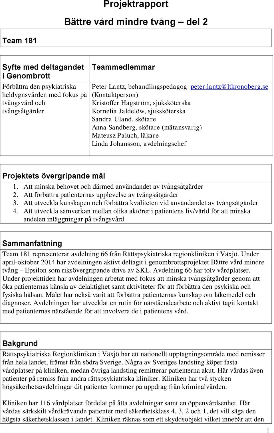 se (Kontaktperson) Kristoffer Hagström, sjuksköterska Kornelia Jaldelöw, sjuksköterska Sandra Uland, skötare Anna Sandberg, skötare (mätansvarig) Mateusz Paluch, läkare Linda Johansson,