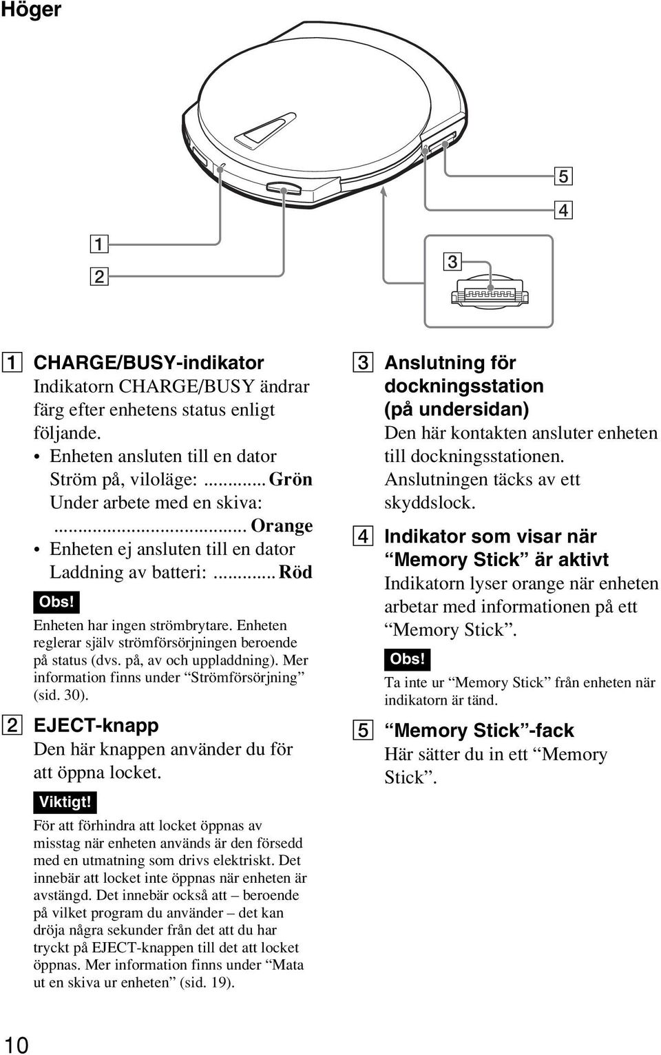 Mer information finns under Strömförsörjning (sid. 30). 2 EJECT-knapp Den här knappen använder du för att öppna locket. Viktigt!