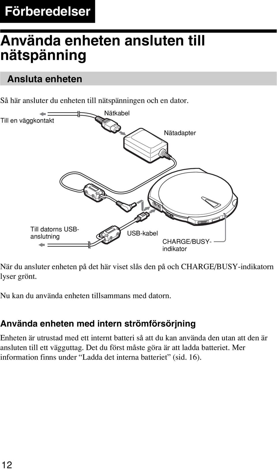 CHARGE/BUSY-indikatorn lyser grönt. Nu kan du använda enheten tillsammans med datorn.