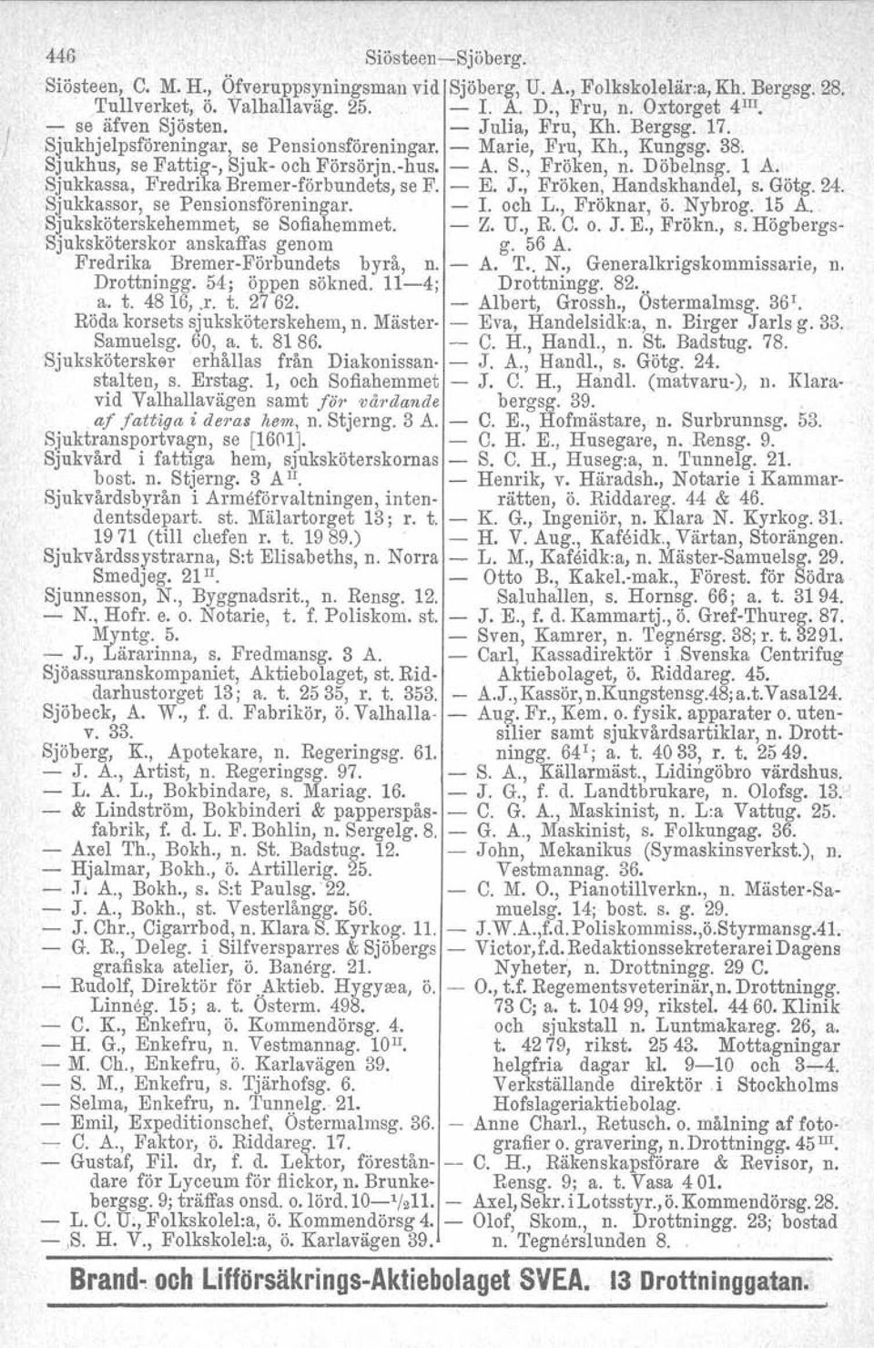 Sjukkassa, Fredrika Brernerförbundets, se F. E. J., Fröken, Handskhandel. s. Götg. 24. Sjukkassor, se Pensionsföreningar. l. och L., Fröknar, ö. Nybrog. 15 A. Sjuksköterskehemmet, se Sofiahemmet. Z.