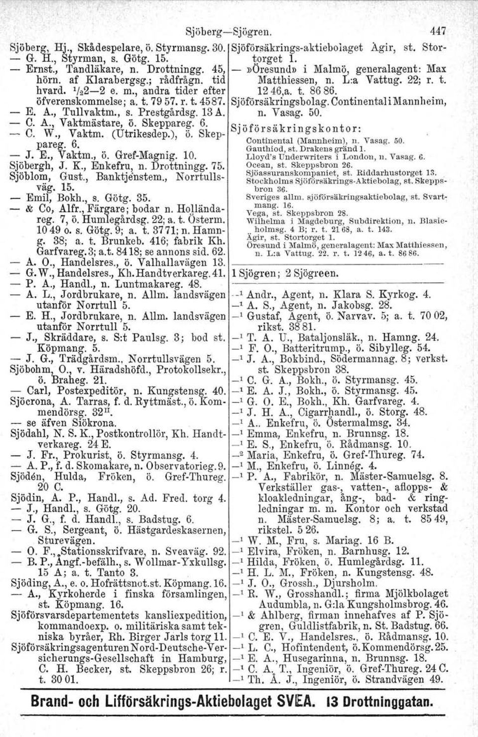 r. t. 4587. Sjöförsäkringsbolag. ContinentaliMannheim, E. A., Tullvaktm., s. Prestgårdsg. 13 A. n. Vasag. 50. C. A., Vaktmästare, ö. Skeppareg. 6. S'" f" "k' k t _ C. W., Vaktm. (Utrikesdep.), ö.