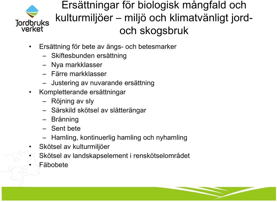 ersättning Kompletterande ersättningar Röjning av sly Särskild skötsel av slåtterängar Bränning Sent bete